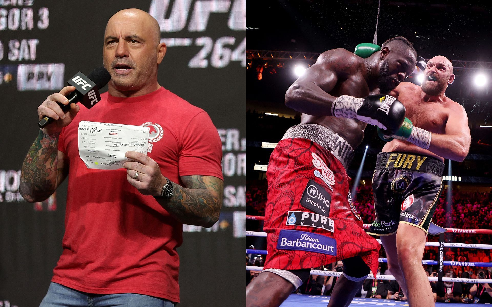 UFC commentator Joe Rogan (left) and action from the Tyson Fury vs. Deontay Wilder bout (right)