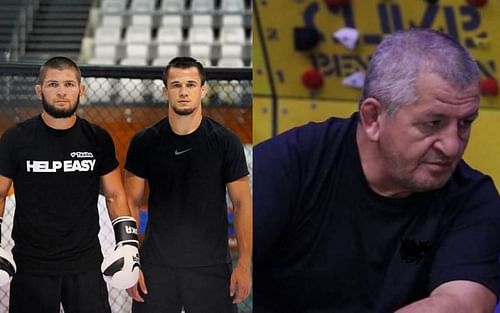 Khabib (left), Usman (centre), and Abdulmanap Nurmagomedov (right)