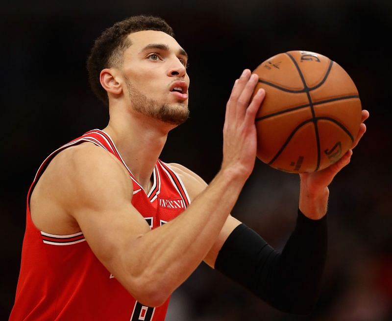 Zach LaVine #8 of the Chicago Bulls shoots a free throw against the Charlotte Hornets at the United Center on October 24, 2018, in Chicago, Illinois 