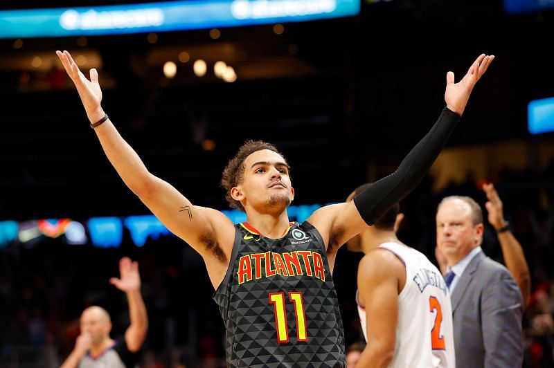 Trae Young playing the crowd in a playoff game against the New York Knicks