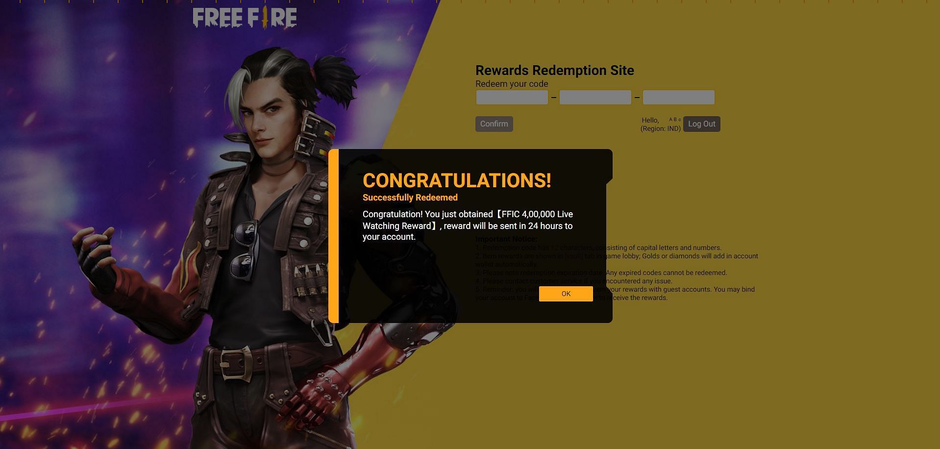 Free Fire Redeem Code Today India Server 100% Working