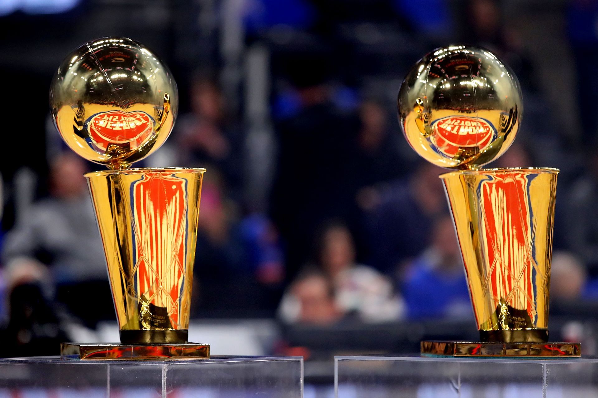 View of the 1989 and 1990 Detroit Piston championship trophies at Little Caesars Arena on March 30, 2019 in Detroit, Michigan.