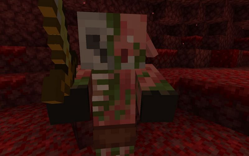 An image of a zombified piglin looking at a player. Image via Minecraft.