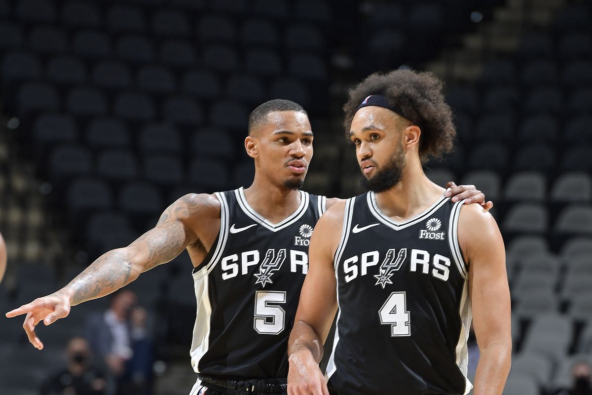 Dejounte Murray and Derrick White of the San Antonio Spurs