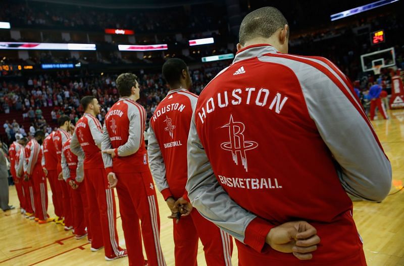 The Houston Rockets lining up on their home floor