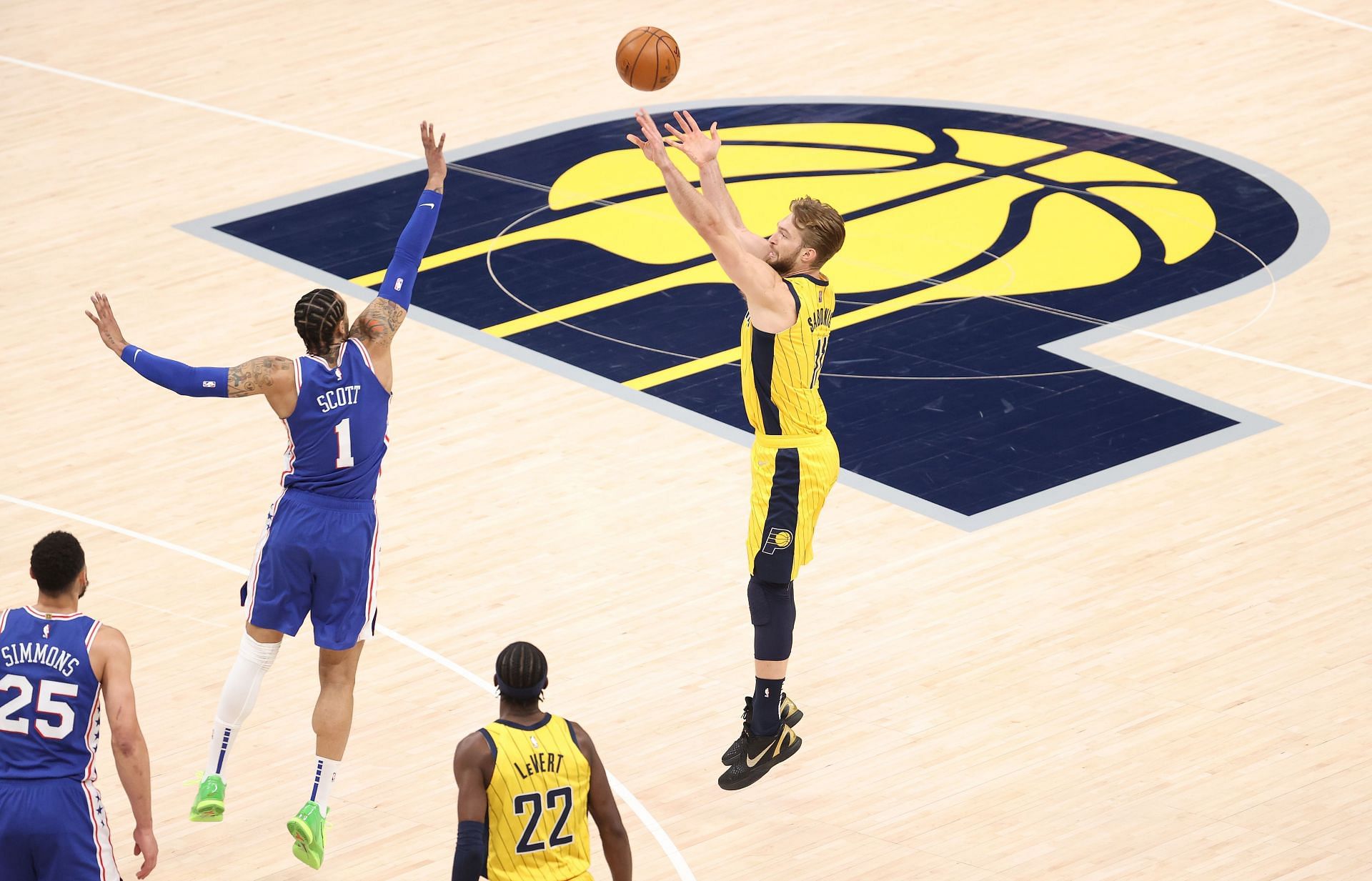 Domantas Sabonis #11 of the Indiana Pacers shoots the ball against the Philadelphia 76ers at Bankers Life Fieldhouse on May 11, 2021 in Indianapolis, Indiana.