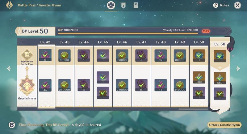 Collect rewards after leveling up Battle Pass (Image via Genshin Impact)
