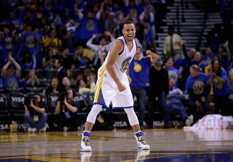 Stephen Curry celebrates a play at the LA Lakers v Golden State Warriors game