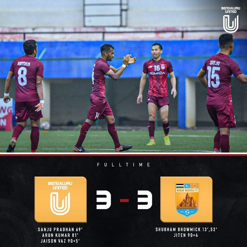 FC Bengaluru United and Madan Maharaj FC played out a fantastic draw in the I-League Qualifiers 2021. (Source: FCBU Twitter)