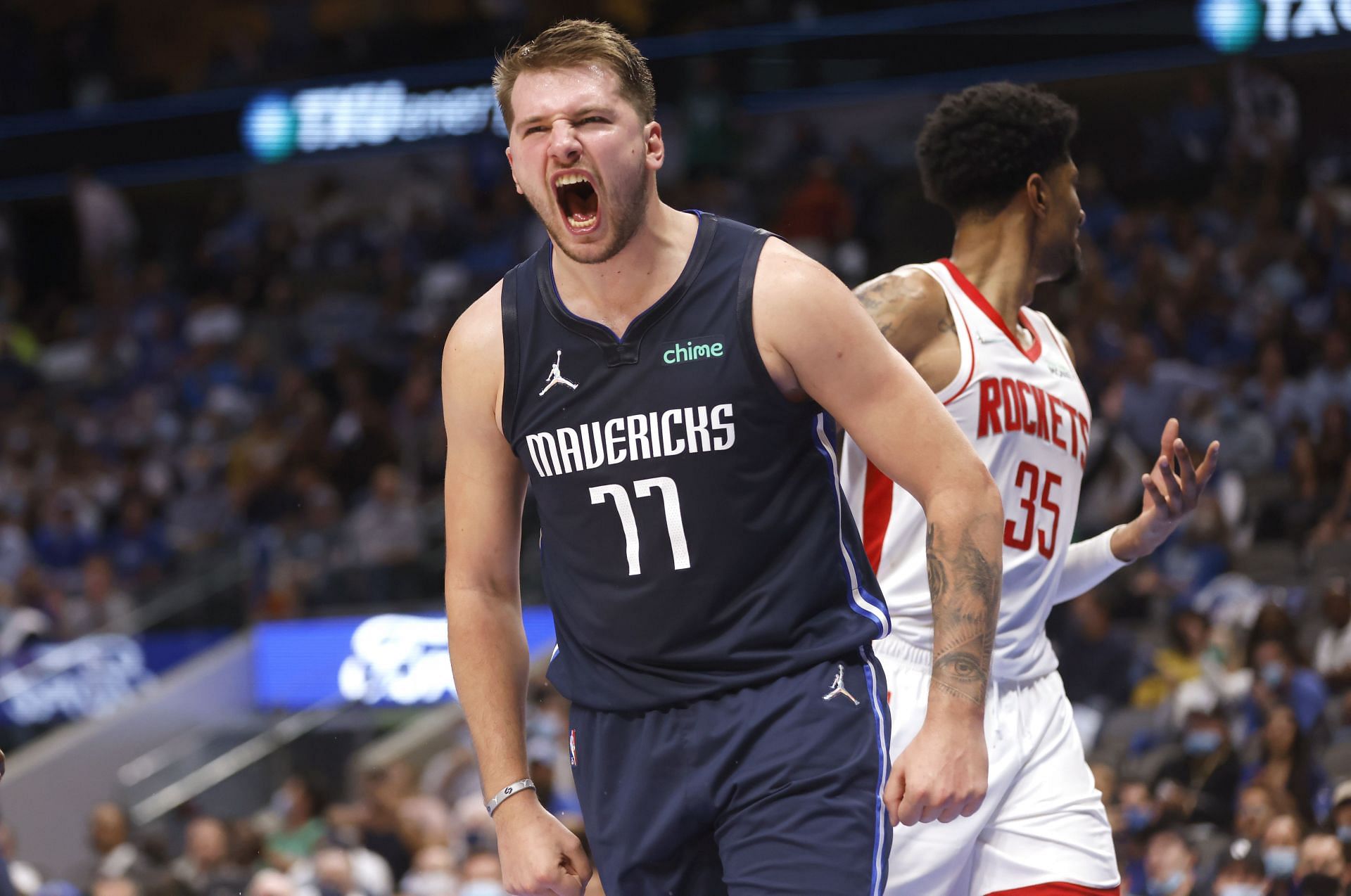 Luka Doncic celebrates a play for the Dallas Mavericks.