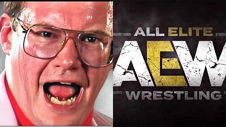 A collage of Jim Cornette and The logo of AEW