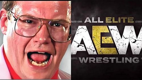 A collage of Jim Cornette and The logo of AEW