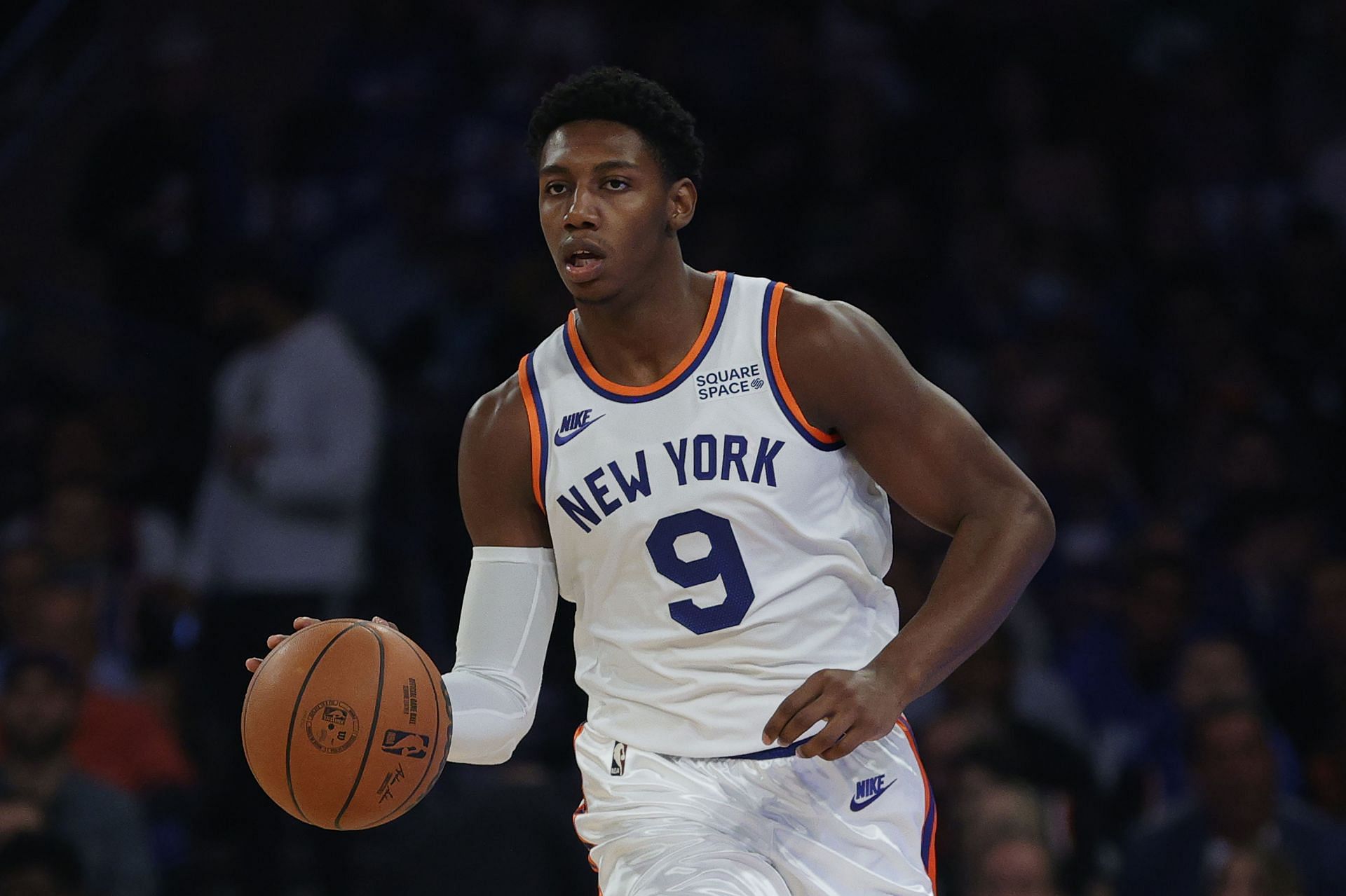 New York Knicks wing RJ Barrett with the ball