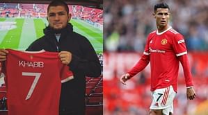 Khabib Nurmagomedov poses with famous No. 7 jersey at Old Trafford ahead of Manchester United vs. Everton match