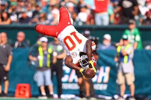 Kansas City Chiefs' Tyreek Hill backflips into the endzone