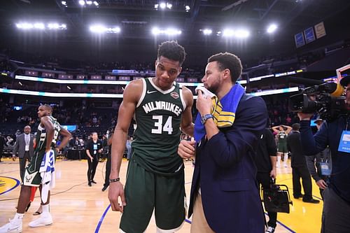 Giannis Antetokounmpo and Stephen Curry in 2020