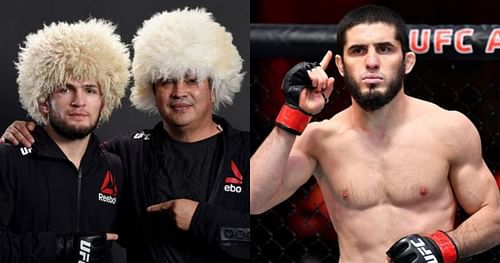 Khabib Nurmagomedov (left); Javier Mendez (center) and Islam Makhachev (right)