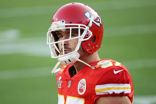 Kansas City Chiefs TE Travis Kelce on the field at Super Bowl LV