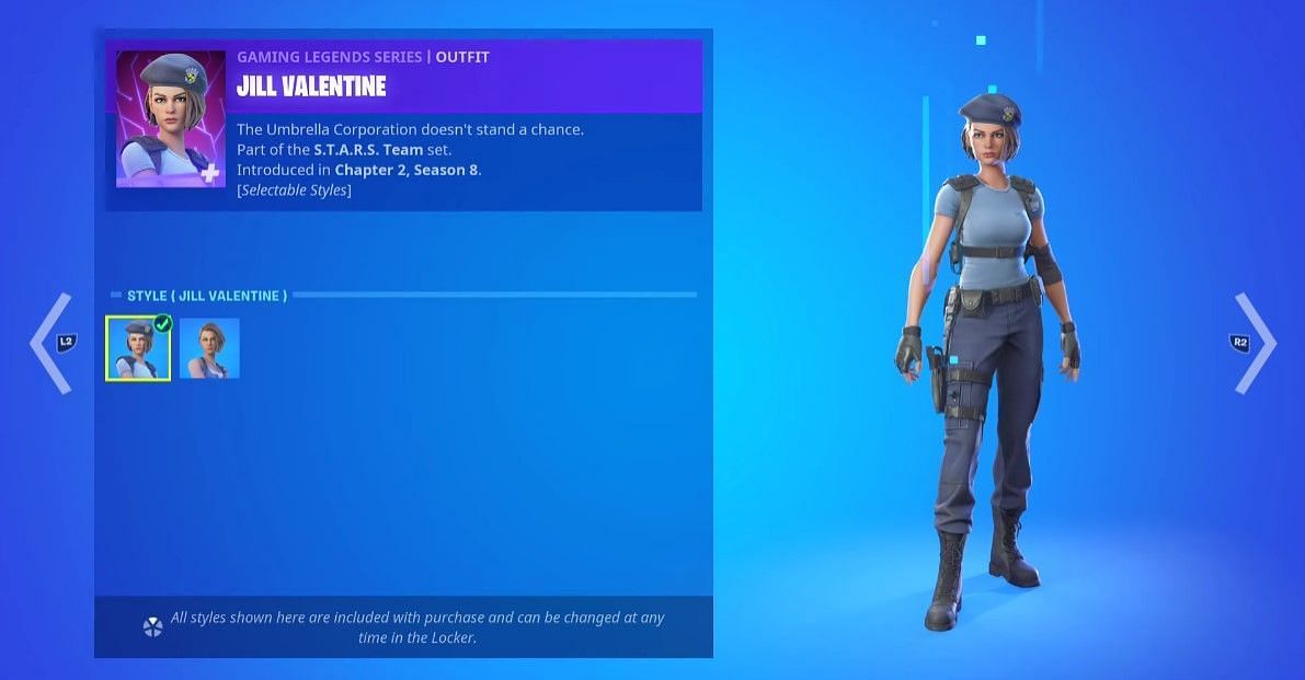 Jill Valentine outfits and the selectable styles (Image via Fortnite)