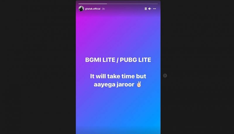 Ghatak&#039;s story on his Instagram handle about the potential release of BGMI Lite (Image via Instagram)