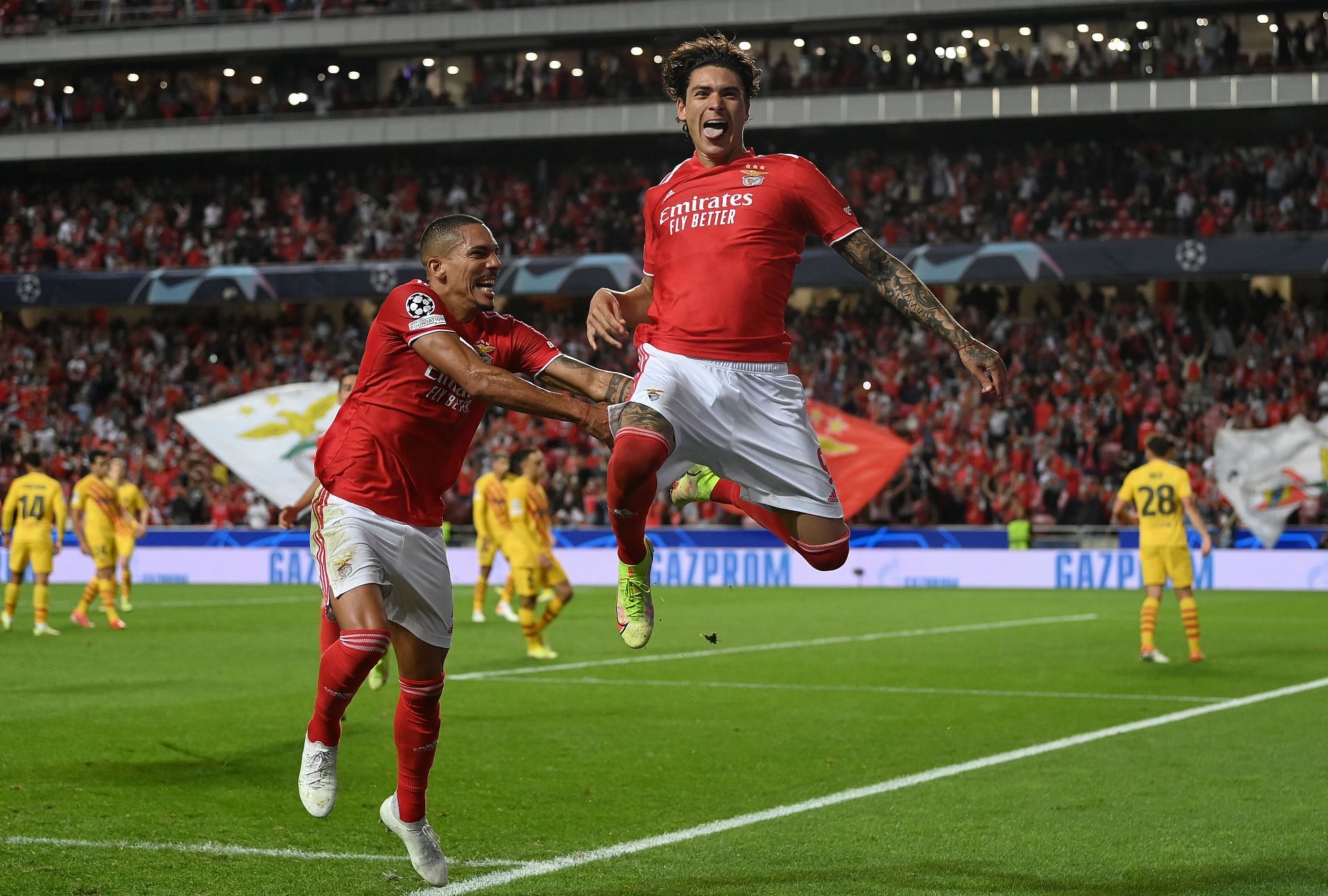 Darwin Nunez of SL Benfica celebrates scoring his sides third goal against Barcelona