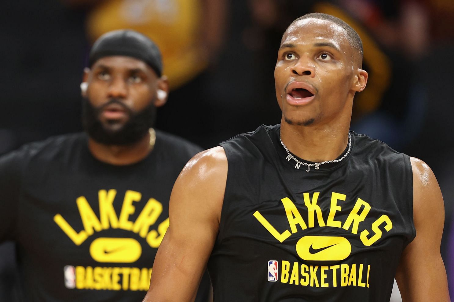 Russell Westbrook and LeBron James (off focus) at LA Lakers practice [Source: Los Angeles Times]