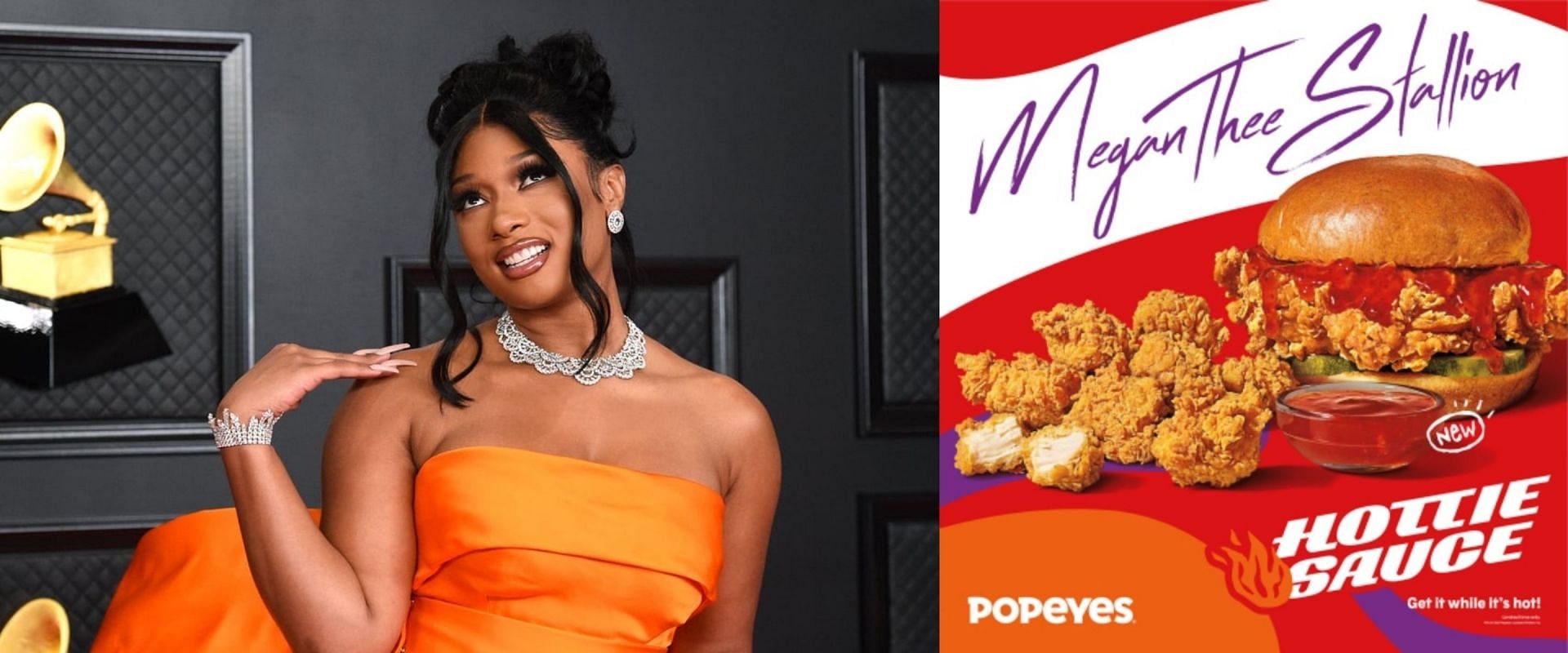 Meghan Thee Stallion X Popeyes collaboration (Image via Kevin Mazur/ Getty Images, and Business Wire)