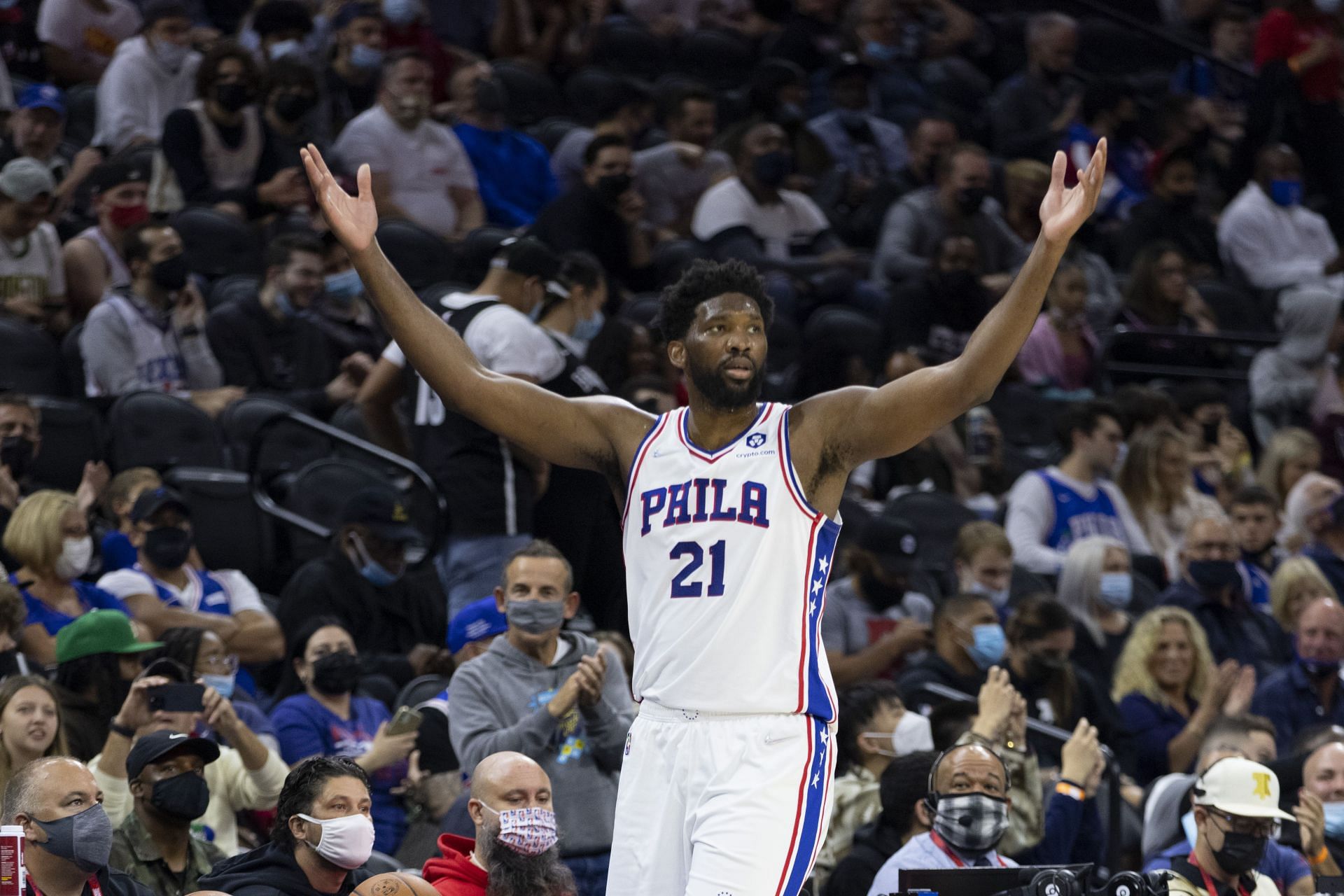 Joel Embiid #21 of the Philadelphia 76ers reacts against the Brooklyn Nets in the first half at the Wells Fargo Center on October 11, 2021 in Philadelphia, Pennsylvania.