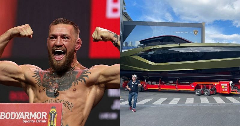 UFC superstar Conor McGregor (left) and his Lamborghini sports yacht (right; Image Credit: @TheNotoriousMMA on Twitter)