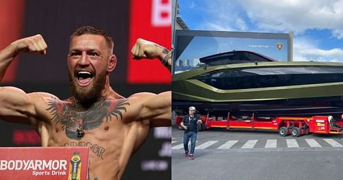 UFC superstar Conor McGregor (left) and his Lamborghini sports yacht (right; Image Credit: @TheNotoriousMMA on Twitter)