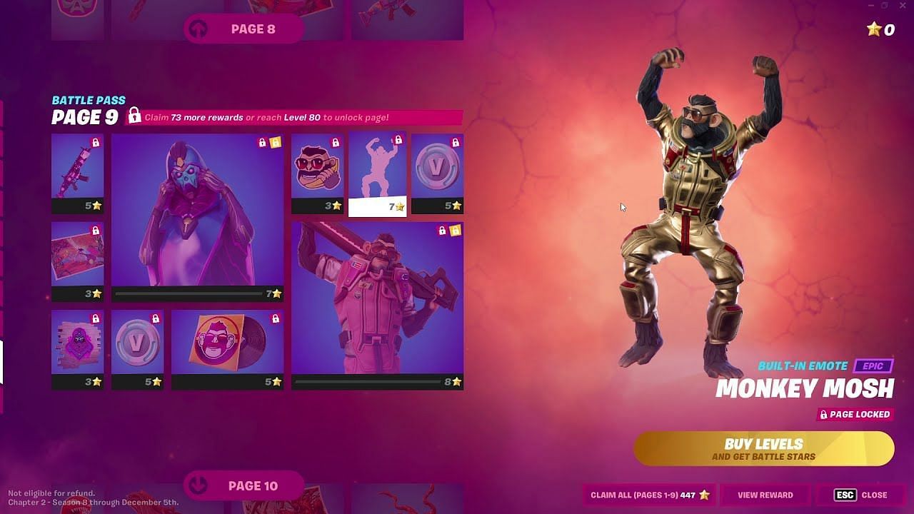 J.B. Chimpanski&#039;s built-in emote isn&#039;t available until page 9. Image via Epic Games