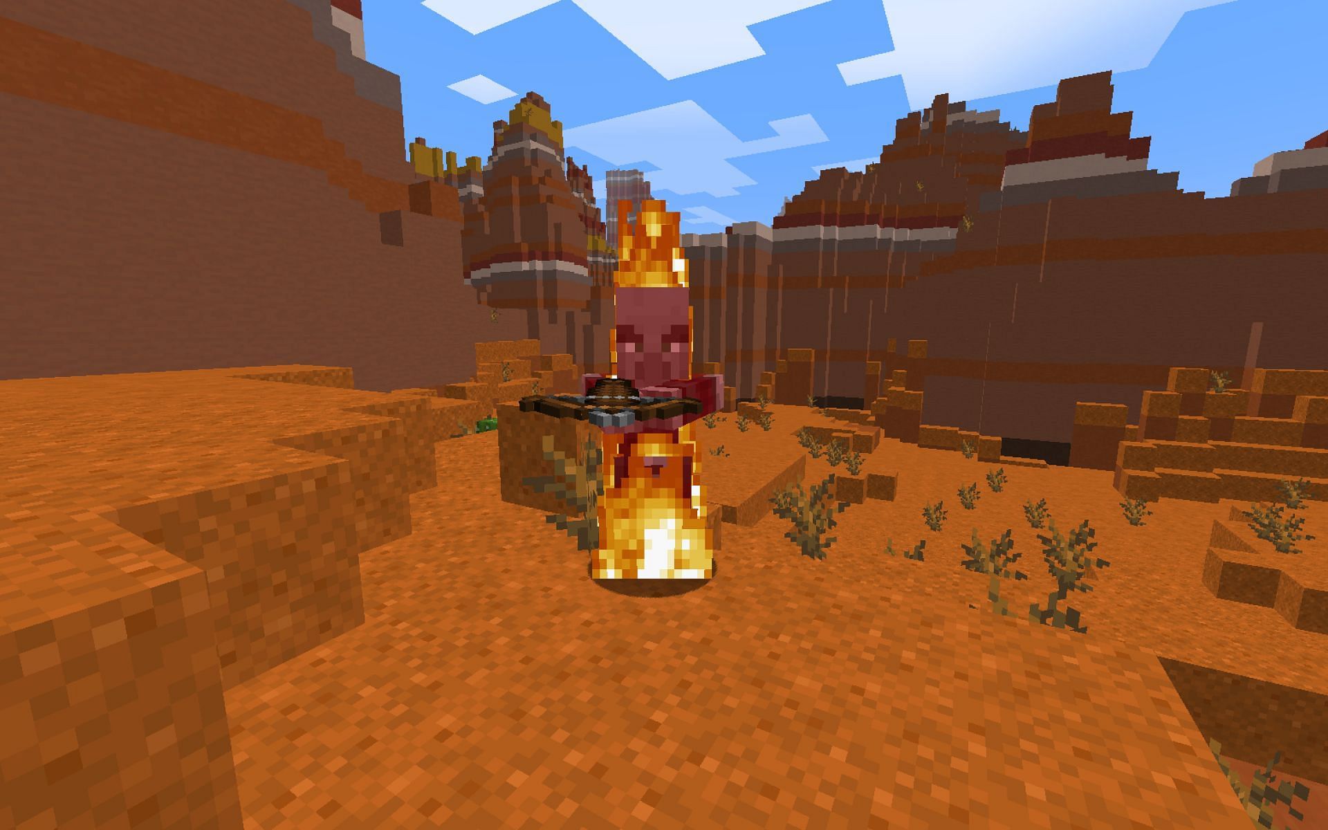 An image of a pillager on fire in-game. Image via Minecraft.