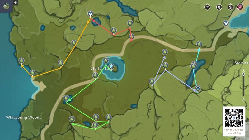 Moonchase Charms location divided by route (Image via Interactive Map)