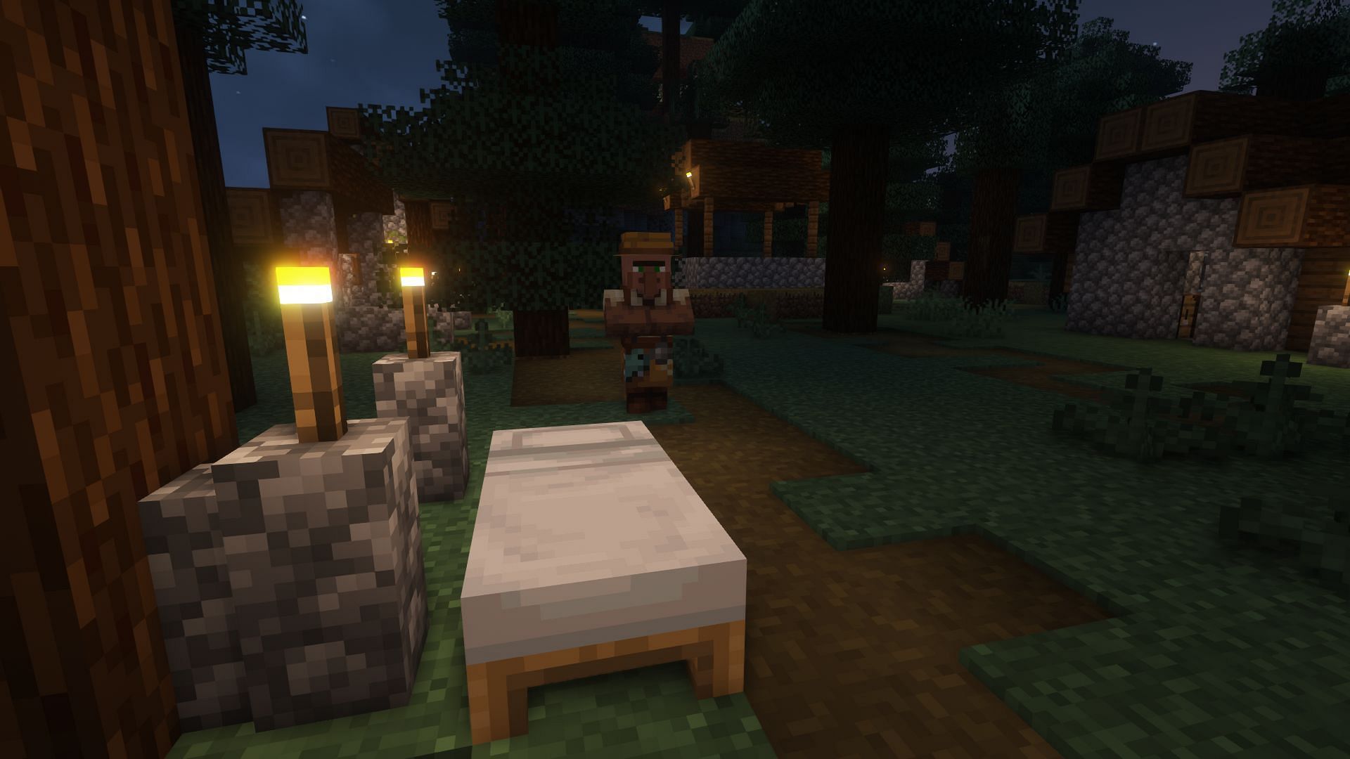 Villagers will head to the beds at night (Image via Minecraft)