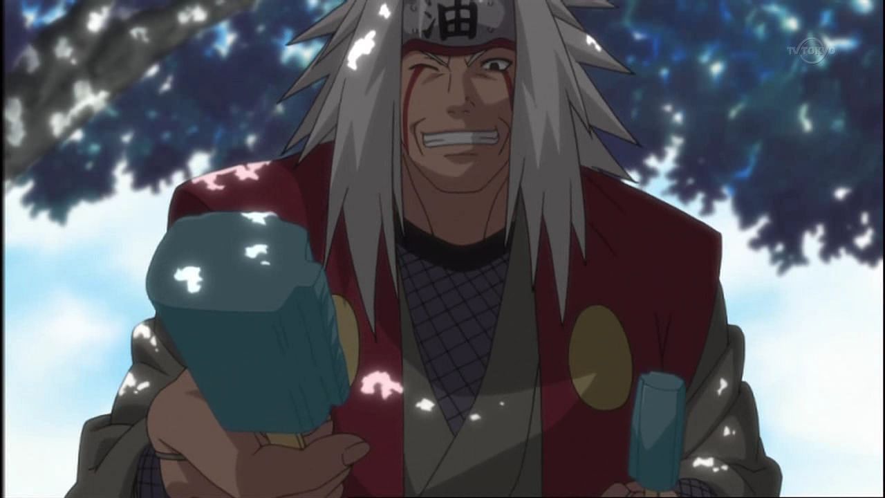 Jiraiya offers Naruto one half of the giant blue popsicle they so frequently shared together (Image via Studio Pierrot)