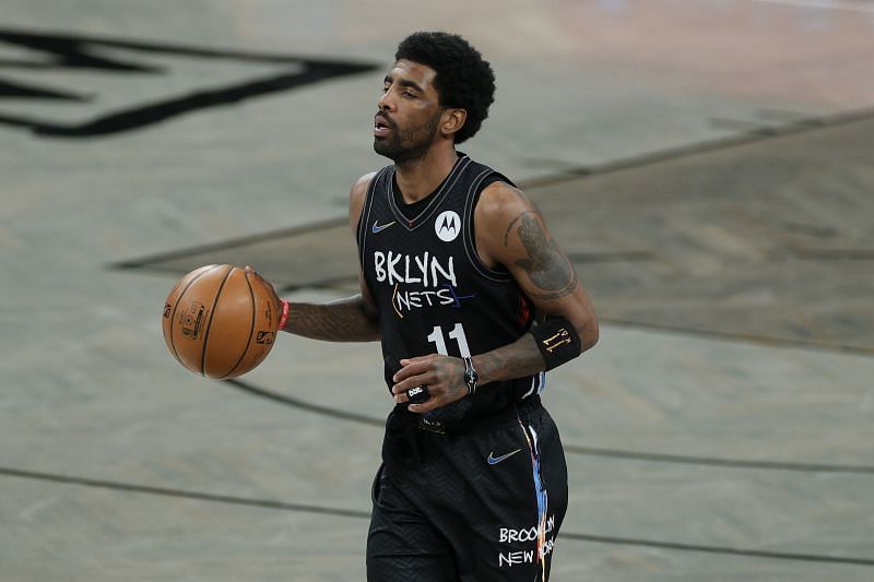 Kyrie Irving of the Brooklyn Nets surveys the floor in a game against the Chicago Bulls