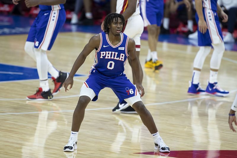 Philadelphia 76ers shooting guard Tyrese Maxey #0 on defense