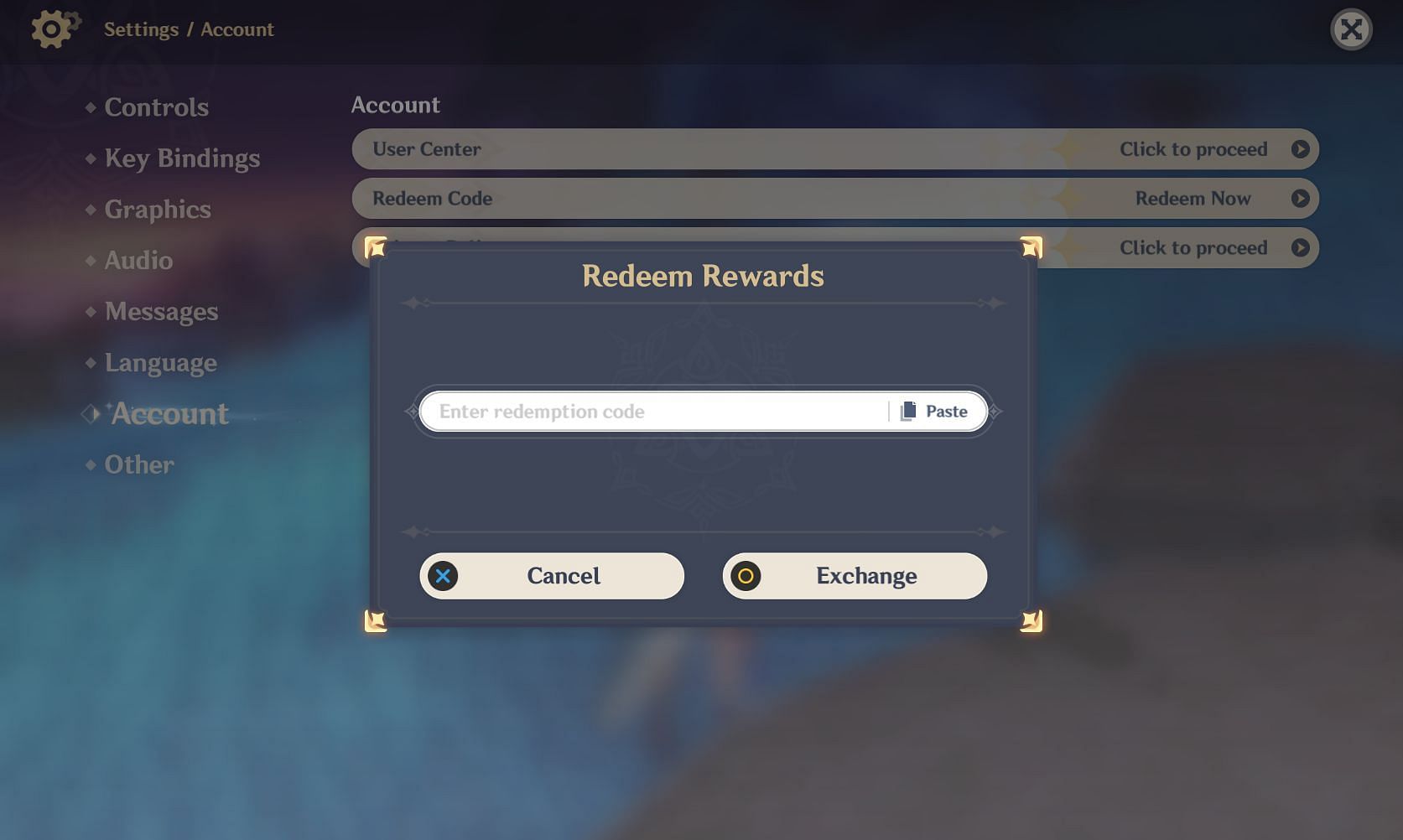 Paste the code into this section to claim the rewards (Image via Genshin Impact)