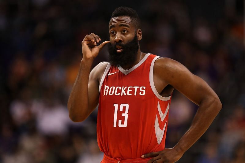 : James Harden #13 of the Houston Rockets during the first half of an NBA game.