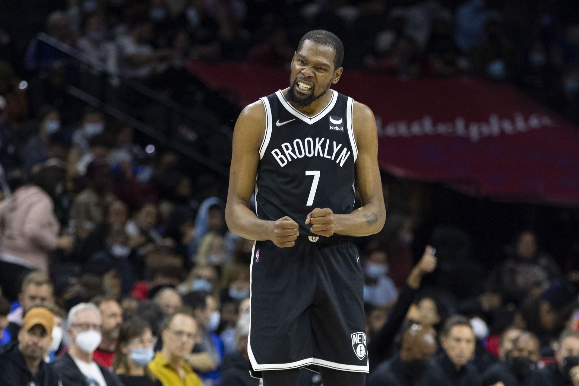 Brooklyn Nets forward Kevin Durant celebrates a bucket