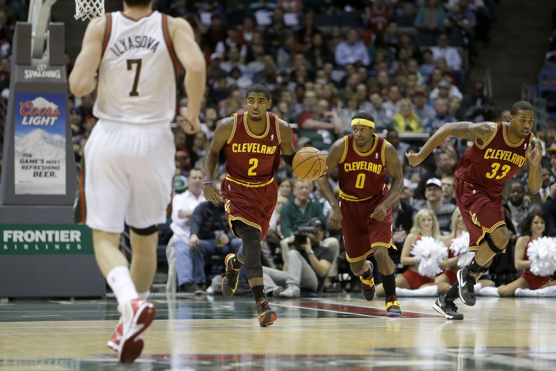 Kyrie Irving (#2) of the Cleveland Cavaliers dribbles up the court during the game against the Milwaukee Bucks