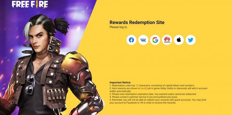 Log in through any one platform on Rewards Redemption Site (Image via Free FIre)