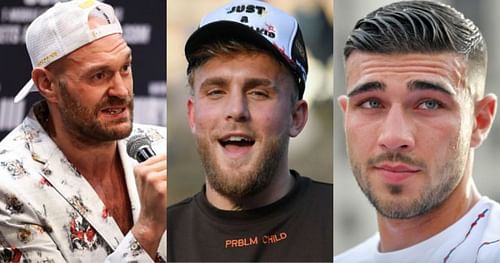 Tyson Fury (left); Jake Paul (center); Tommy Fury (right)