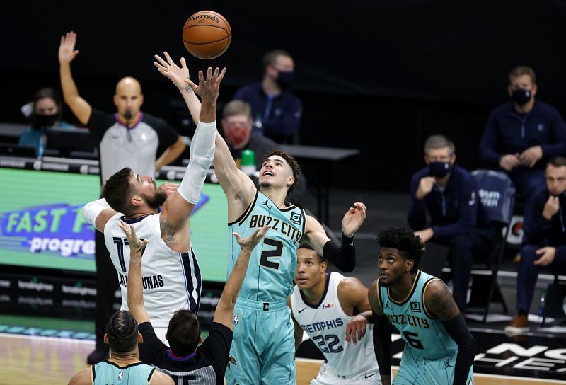2021 NBA Rookie of the Year LaMelo Ball of the Charlotte Hornets goes up against the Memphis Grizzlies