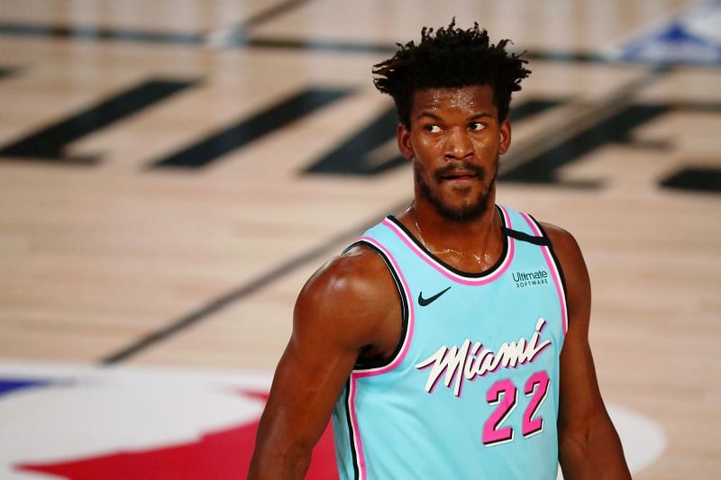 Jimmy Butler of the Miami Heat looks at the crowd in a game against the Indiana Pacers.
