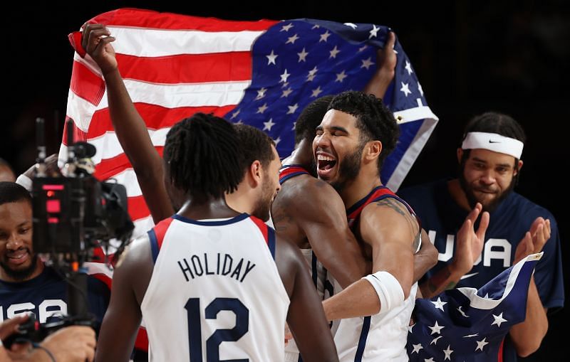 The victorious US Men&#039;s National Basketball team at the Tokyo Olympics
