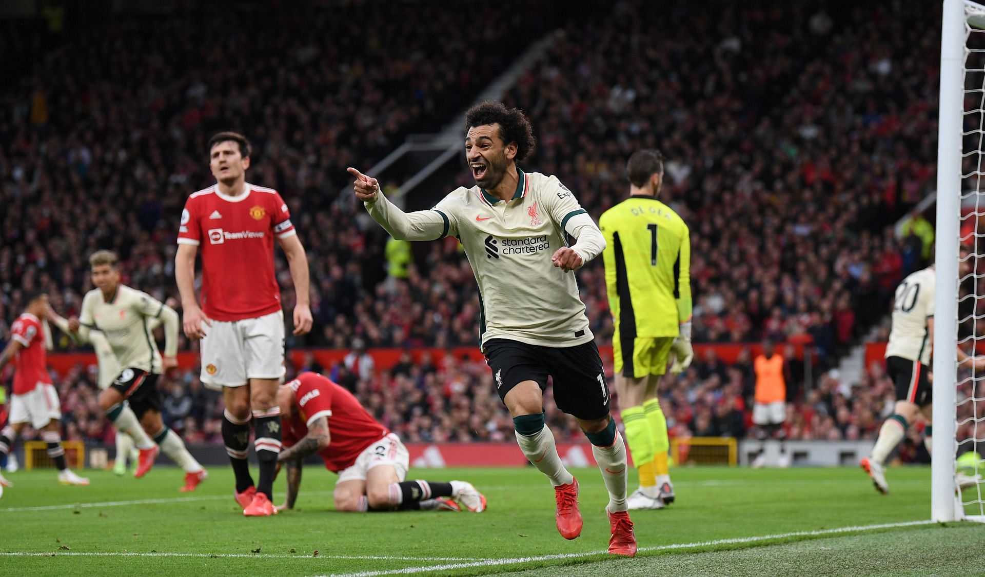 Mohamed Salah celebrates scoring for Liverpool.