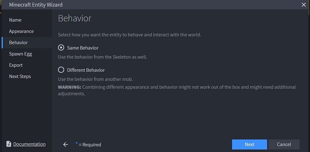 The behaviour of the new Minecraft mob can be adjusted within the wizard (Image via Blockbench)