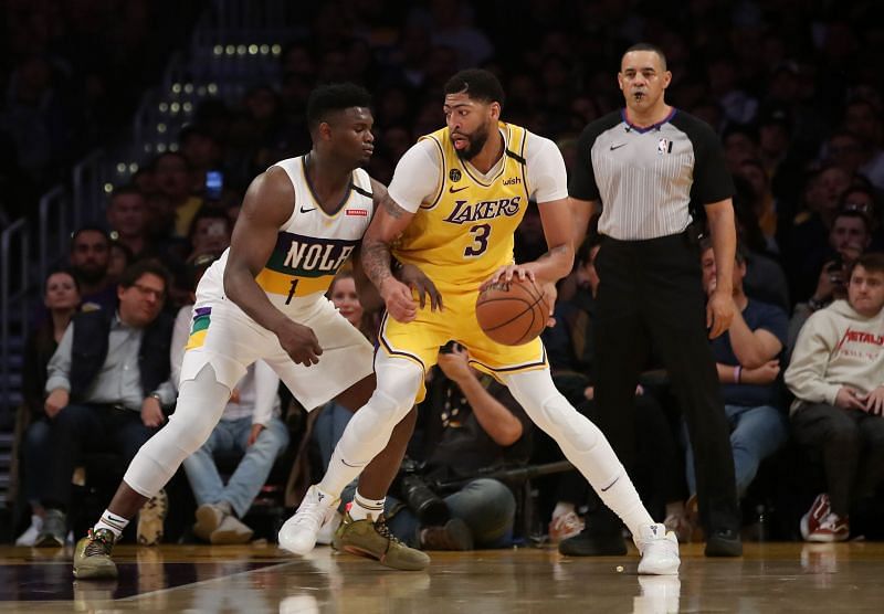 Zion Williamson of the New Orleans Pelicans and Anthony Davis of the Los Angeles Lakers