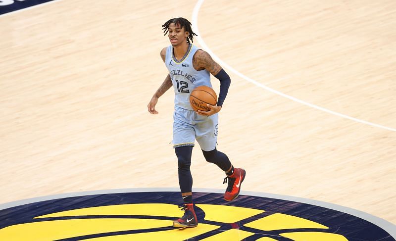 Ja Morant of the Memphis Grizzlies looks to set the play in a game against the Indiana Pacers